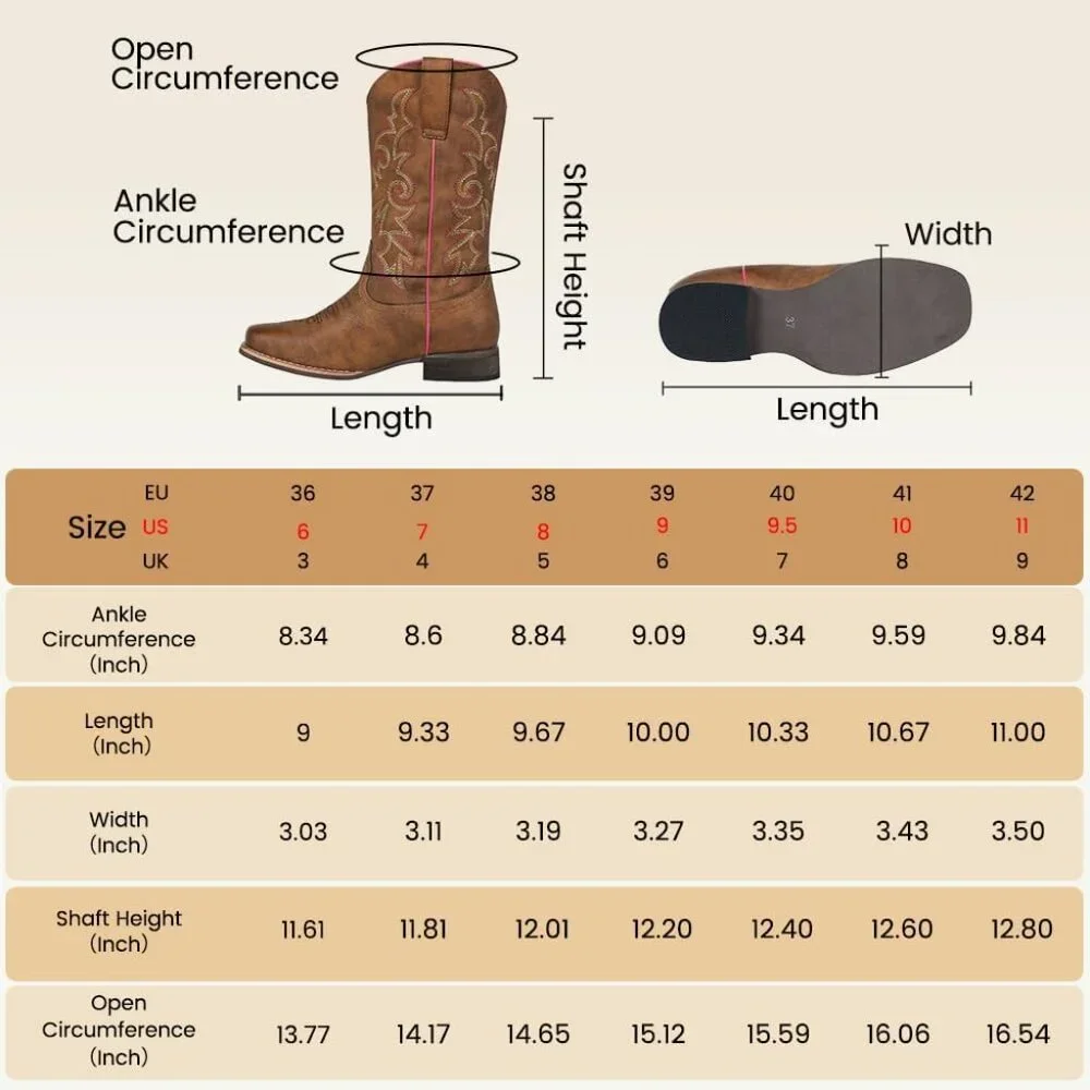SheSole Womens Brown Cowboy Square Toe Cowgirl Wide Calf Western Boots - Picture 6 of 9